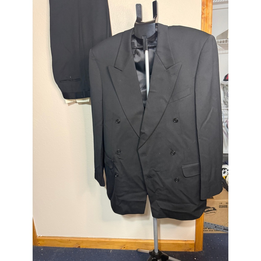 Albert Nipon Lord & Taylor Mens Black Double Breasted‎ Wool Suit Peak Lapel 2pc